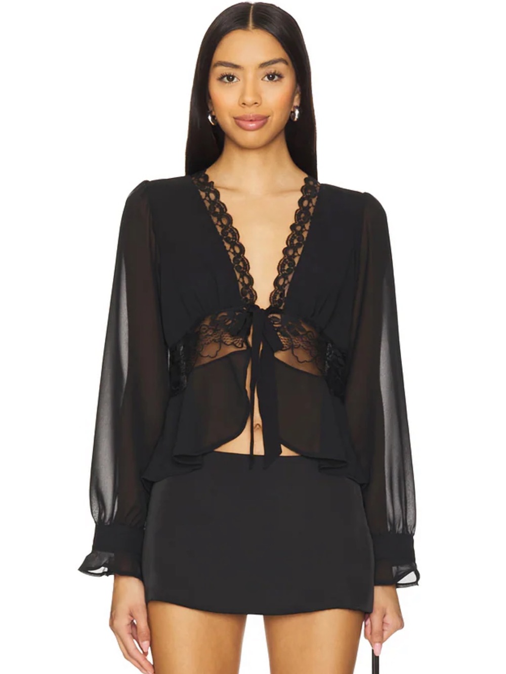 Kat the Label Betty Blouse Black Sheer Lace Tie-Front Long Sleeve Size M